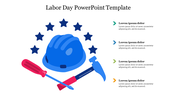 Colorful Labor Day themed PPT slide with a hard hat, hammer, and screwdriver, surrounded by stars with placeholder text.