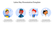 Illustrated Labor Day layout showing four professionals in round frames with titles and short descriptions underneath.