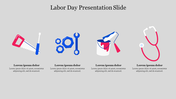 Labor day slide with four blue and red icons of a saw, gears, paint can, and stethoscope, each with a caption underneath.