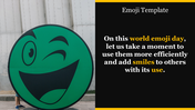 World Emoji Day slide with large green winking emoji on left and black text area with bold yellow and white lettering.