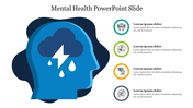 Slide with a blue silhouette of a head with a storm cloud, raindrops, lightning, and four icons showing mental health topics.