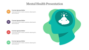 Mental health PPT slide with icons representing mental well being and four stages, each marked with a colorful circle.