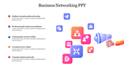 Business networking PPT presentation slide with colorful icons representing online, professional, and community networks.