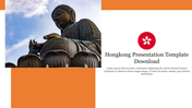 Hong Kong presentation template featuring the Tian Tan Buddha statue with a bright sky and a modern design layout.