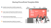 Startup PowerPoint slide with four categories of startup types and a digital illustration of a team analyzing data.