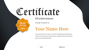 Certificate slide with a bold title, space for the recipient’s name, and a golden badge on the left side.