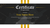 Modern certificate layout with dark background, featuring geometric patterns, and yellow accent stripes.