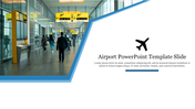 Airport corridor with yellow signboards and a crowd, bordered by blue diagonal shapes and text on a white background.