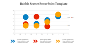 Bubble scatter chart with blue, red, and yellow circle for three data sets, and arrow icons with text labels below the graph.