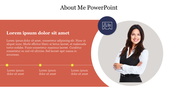 About me slide with a red background, showcasing circular image of a woman and a title along with placeholder text.