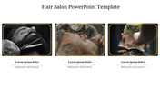 Hair salon slide with three framed images showing beard trimming, facial grooming, and haircutting, with text below each.