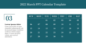 March 2022 calendar PPT slide with the 3rd day emphasized with a dark teal background and placeholder text.