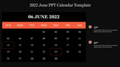 June 2022 calendar template with highlighted dates and descriptive notes on a dark background.