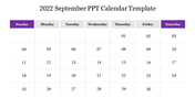 September 2022 calendar template with sunday and saturday in purple, and weekdays arranged in white columns.