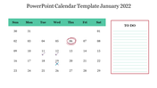 January 2022 calendar with a light green header, checkmarks and cross on specific dates, and a red bordered to do list.