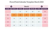 March 2022 calendar with orange highlights from the 7th to 11th and pink background for Sundays and Saturdays.