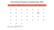 May 2022 calendar template with orange arrow shaped headers, and a clean grid with a beige highlighted date.