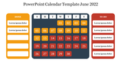 June 2022 calendar PPT template with done and to do sections, and color coded date boxes on a white backdrop.