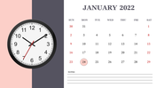 January 2022 calendar with pink and gray background, featuring a clock and a white date grid with red weekend dates.