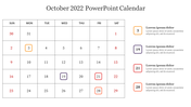 Grid calendar for October with dates 3, 19, 21, and 28 boxed in color, each linked to text descriptions on the right side.