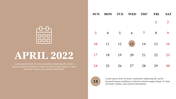 Minimal April layout with brown and white split screen, featuring a circled 13 on the right and a calendar icon on the left.