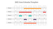 A calendar template for June 2022 with color coded week activities displayed across five rows for each week.