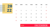 December 2022 calendar with colorful date boxes, red weekend numbers, and a yellow header showing the year.