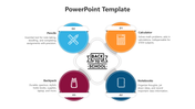Educational infographic with icons and description for calculator, notebook, backpack, and pencils, arranged around a emblem.