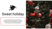Christmas slide featuring a festive tree decorated with red ornaments and stockings, and a holiday message framed in box.