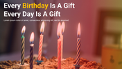 Close up of colorful candles on a cake with inspirational text overlay, emphasizing the value of each day and birthday.