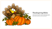 Thanksgiving slide with a cartoon turkey standing among large orange pumpkins, with placeholder text on the right.