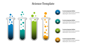 Science-themed template showing test tubes with blue, green, and orange bubbling liquids.