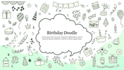 Doodle style birthday elements surrounding a cloud shaped text box on a pastel green and white background.