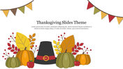 Thanksgiving decoration with pumpkins, leaves, berries, and a hat beneath a colorful banner, with title and text area.