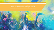 Vibrant background image of people enjoying a fun color festival, with a yellow text box for slide title and description.