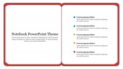Slide featuring an open notebook with red borders, and colorful bullet points on the right.