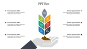 Eco themed PowerPoint template featuring a hand holding soil with seven eco related icons and placeholder text.