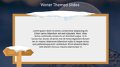 Winter themed slide with snow on a wooden directional sign, wooden framed text area with snowflakes in the backdrop.