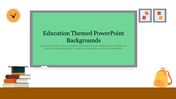 Education themed slide featuring a green chalkboard with text, surrounded by books, a graduation cap, and a backpack.