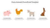 Farm animals slide featuring illustrations of a pig, chicken, goat, and rabbit with placeholder text.