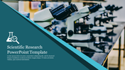 Scientific research template with a microscope in focus and icon of lab equipment on a blue overlay with a caption area.