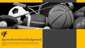 Sports themed slide featuring a collage of various sports equipment including a soccer ball, football, and tennis racket.