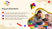 Daycare slide with playful icons, dotted background, and photo of woman with toddler playing on a colorful mat at right.