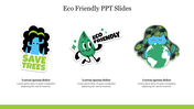 Eco friendly slide with three illustrated icons promoting tree conservation and Earth care with placeholder text.
