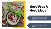 Food themed slide with a plated dish of vegetables and meat on a rustic wooden table and two text boxes on the right.