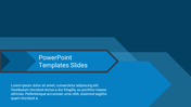 Blue themed slide with layered rightward arrows, dark border framing the title, and body text aligned at the bottom.