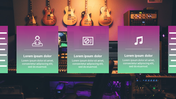 Music themed Google Slides template with icons for music, DJing, and sound equipment, over a studio backdrop.