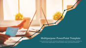 Multipurpose slide template with a teal overlay featuring a line graph, set against a blurred background of a workspace.