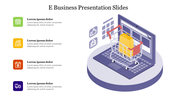 E business slide with five vertical colored icons on left and 3D laptop graphic on right showing a cart and shopping bag.