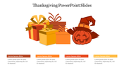 Thanksgiving PowerPoint slide featuring colorful gifts and a pumpkin with a witch's hat, with placeholders for text.